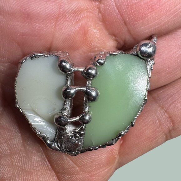 Vaseline Glass “Mended” Heart Pendant Bezel Artisan Crafted Glowing Glass - Picture 12 of 17